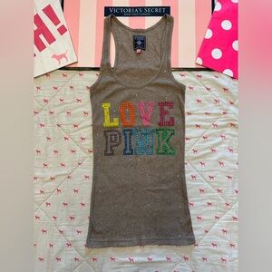 VS PINK VINTAGE Y2K GRAY RIBBED TANK TOP RAINBOW RHINESTONE BLING LOGO RARE SM